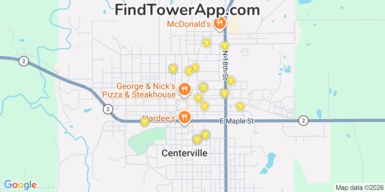 Map showing the 20 primary cell tower locations detected in Centerville, Iowa from AT&T, Verizon, and T-Mobile networks