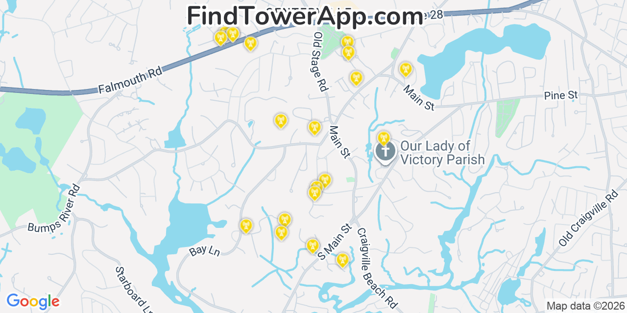 Map showing the 20 primary cell tower locations detected in Centerville, Massachusetts from AT&T, Verizon, and T-Mobile networks