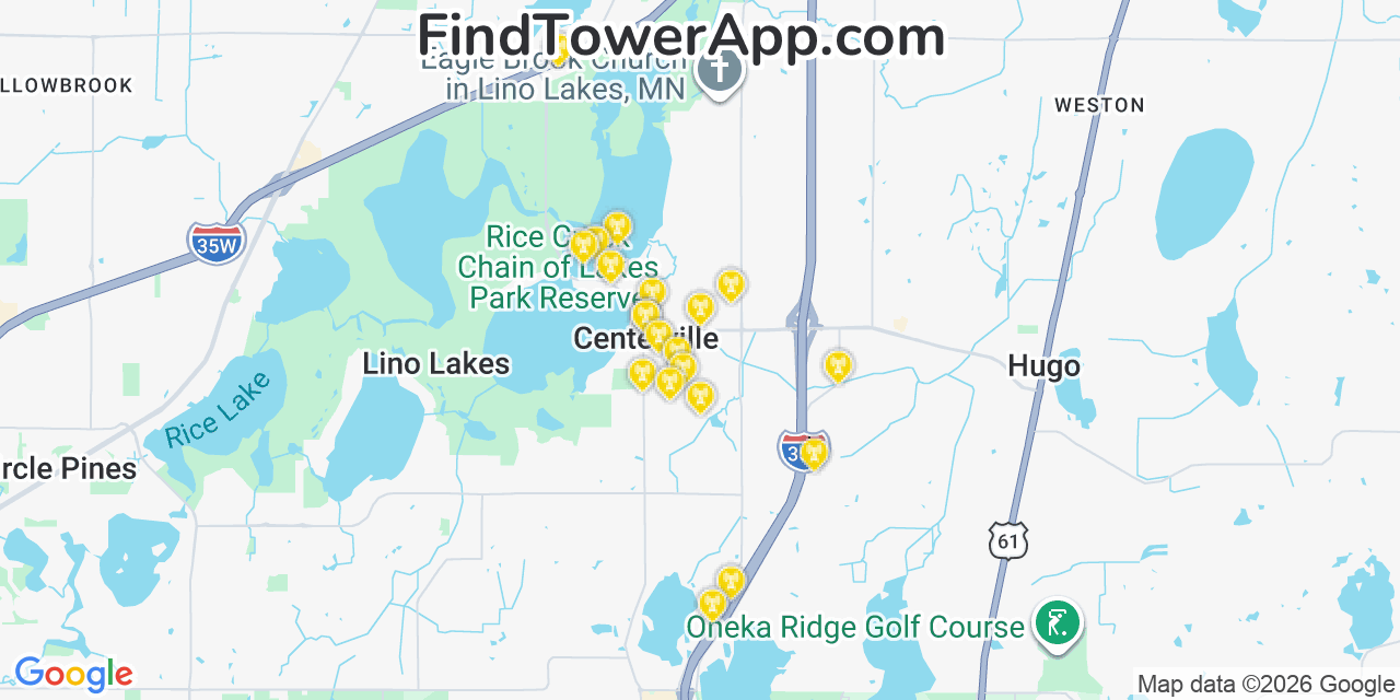 Map showing the 20 primary cell tower locations detected in Centerville, Minnesota from AT&T, Verizon, and T-Mobile networks