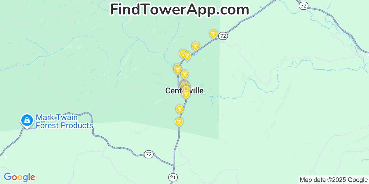 Map showing the 20 primary cell tower locations detected in Centerville, Missouri from AT&T, Verizon, and T-Mobile networks
