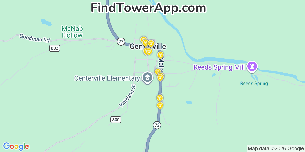 Map showing the 20 primary cell tower locations detected in Centerville, Missouri from AT&T, Verizon, and T-Mobile networks