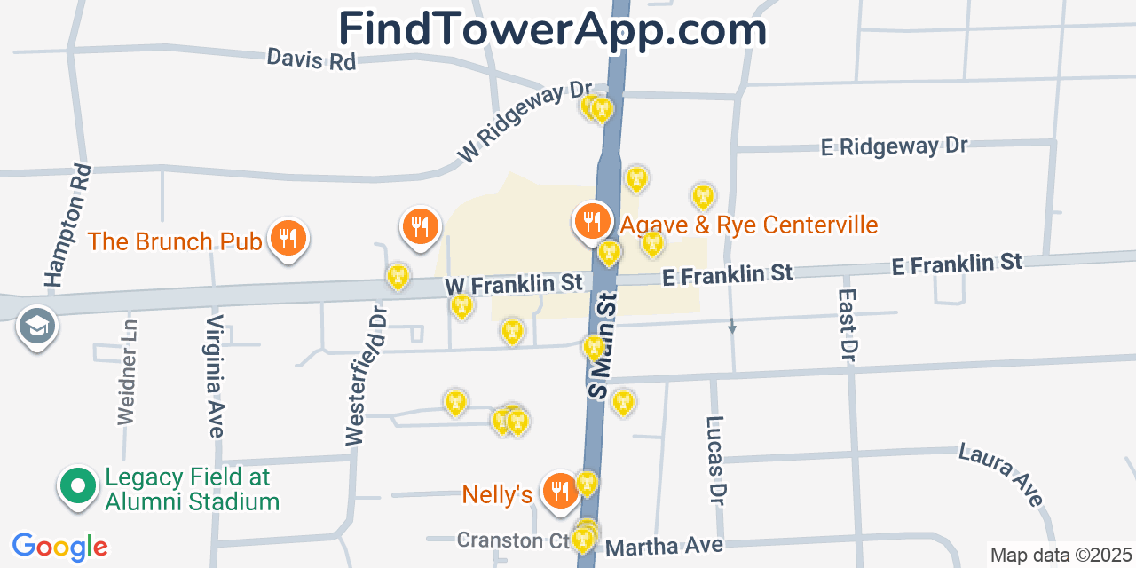 Map showing the 20 primary cell tower locations detected in Centerville, Ohio from AT&T, Verizon, and T-Mobile networks