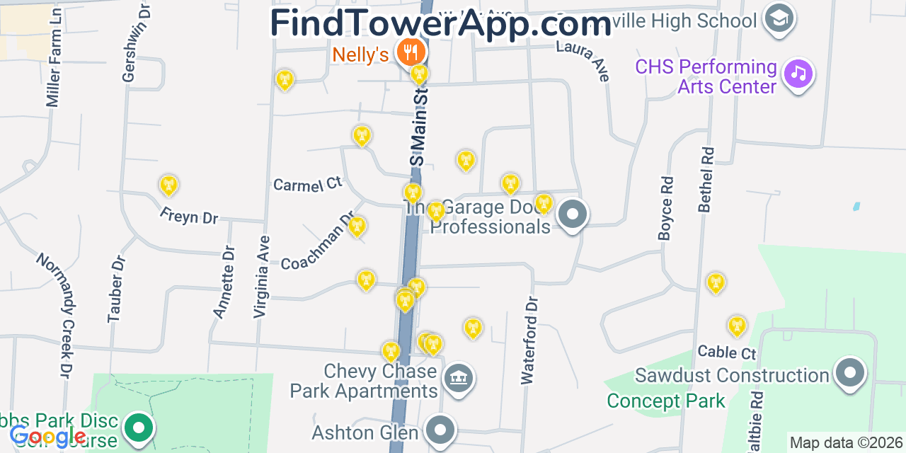 Map showing the 20 primary cell tower locations detected in Centerville, Ohio from AT&T, Verizon, and T-Mobile networks