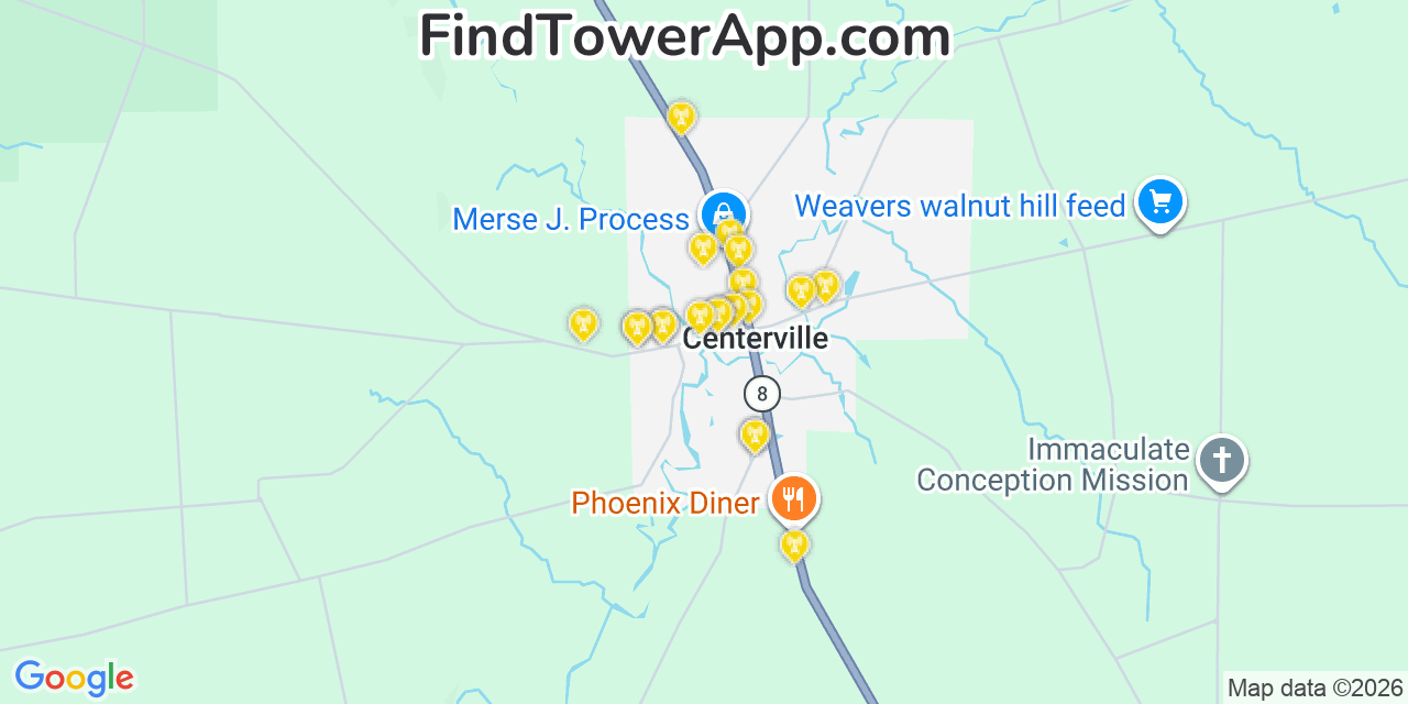 Map showing the 20 primary cell tower locations detected in Centerville, Pennsylvania from AT&T, Verizon, and T-Mobile networks