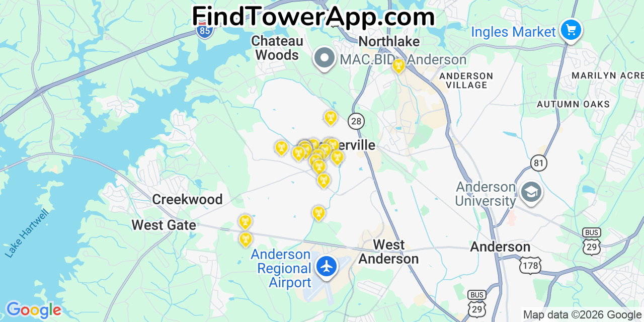 Map showing the 20 primary cell tower locations detected in Centerville, South Carolina from AT&T, Verizon, and T-Mobile networks
