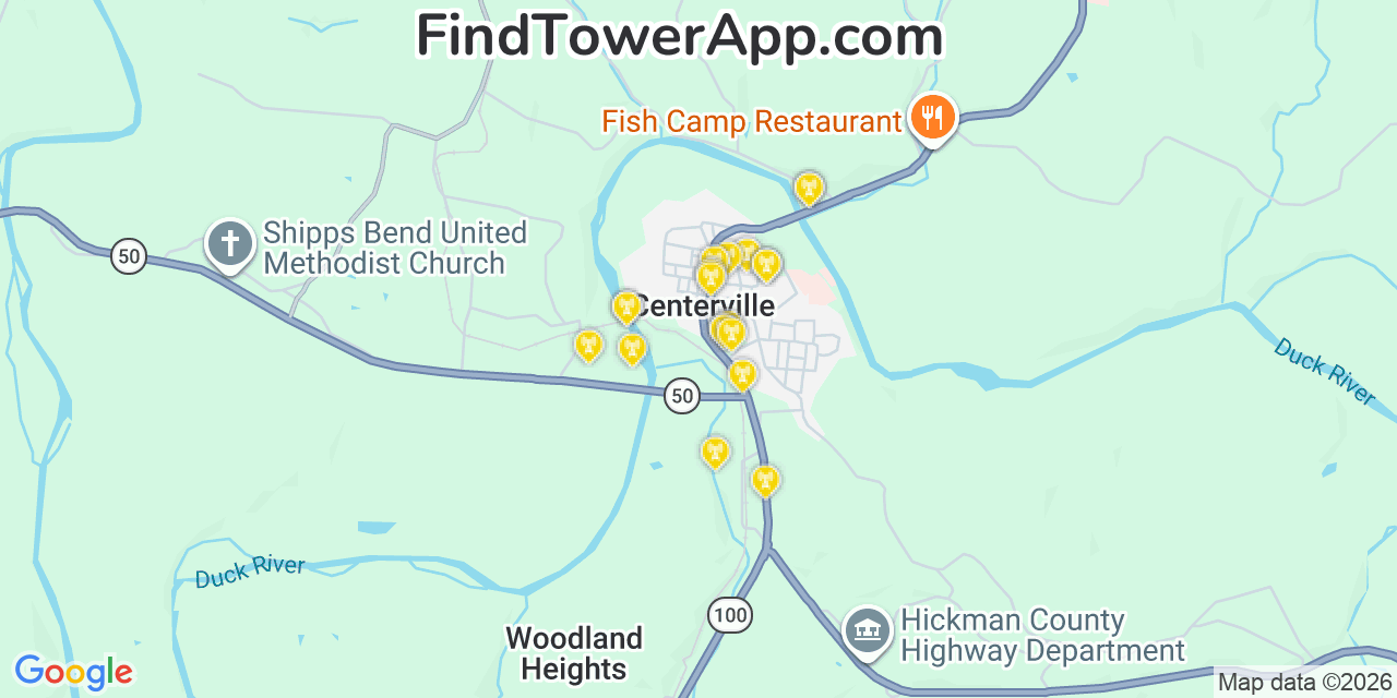 Map showing the 20 primary cell tower locations detected in Centerville, Tennessee from AT&T, Verizon, and T-Mobile networks
