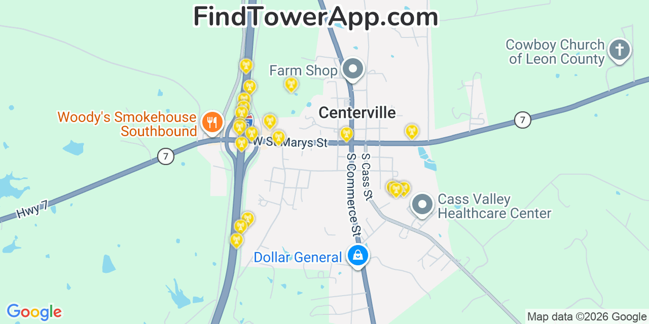 Map showing the 20 primary cell tower locations detected in Centerville, Texas from AT&T, Verizon, and T-Mobile networks