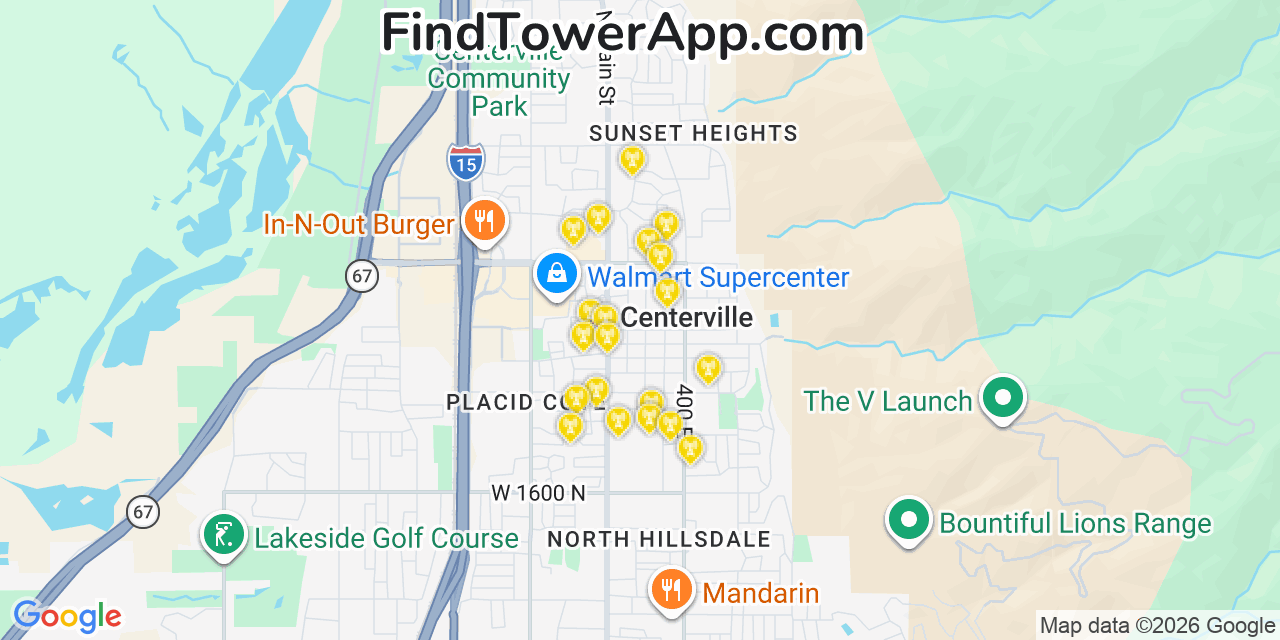 Map showing the 20 primary cell tower locations detected in Centerville, Utah from AT&T, Verizon, and T-Mobile networks