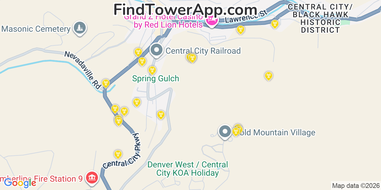 Map showing the 20 primary cell tower locations detected in Central City, Colorado from AT&T, Verizon, and T-Mobile networks