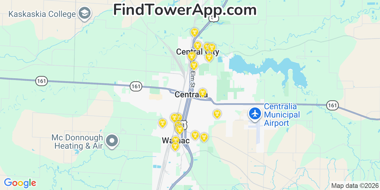 Map showing the 20 primary cell tower locations detected in Central City, Illinois from AT&T, Verizon, and T-Mobile networks