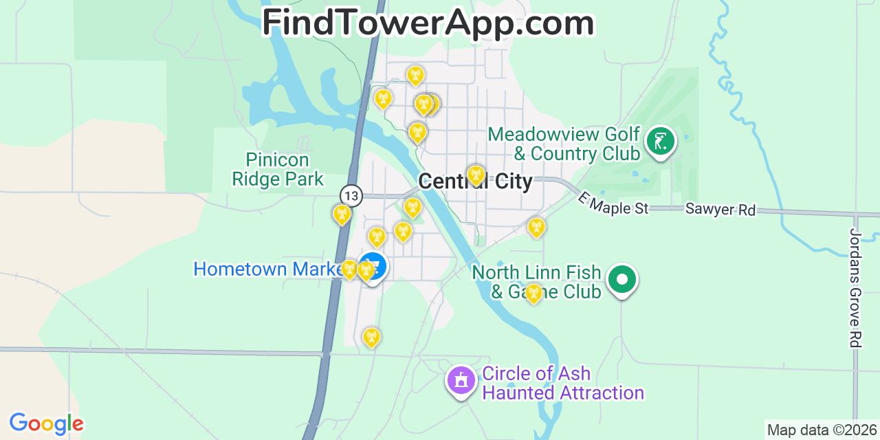 Map showing the 20 primary cell tower locations detected in Central City, Iowa from AT&T, Verizon, and T-Mobile networks