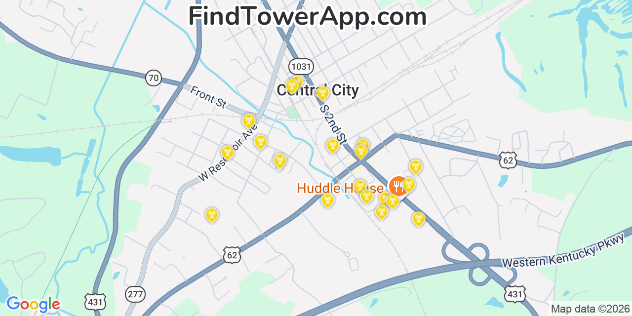 Map showing the 20 primary cell tower locations detected in Central City, Kentucky from AT&T, Verizon, and T-Mobile networks