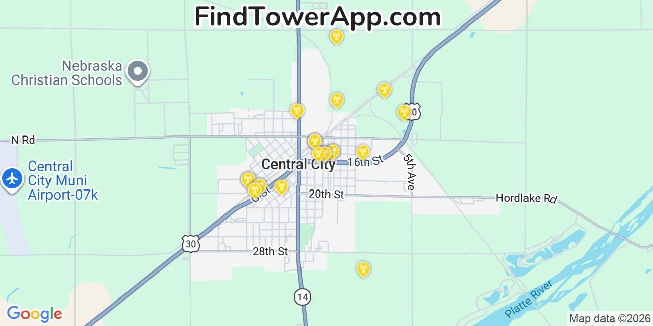 Map showing the 20 primary cell tower locations detected in Central City, Nebraska from AT&T, Verizon, and T-Mobile networks