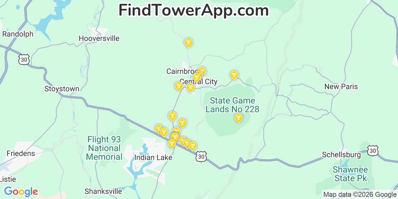 Map showing the 20 primary cell tower locations detected in Central City, Pennsylvania from AT&T, Verizon, and T-Mobile networks