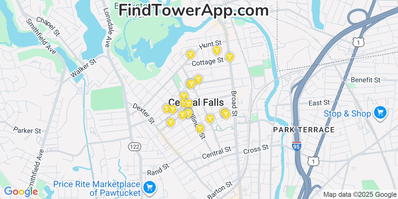 Map showing the 20 primary cell tower locations detected in Central Falls, Rhode Island from AT&T, Verizon, and T-Mobile networks
