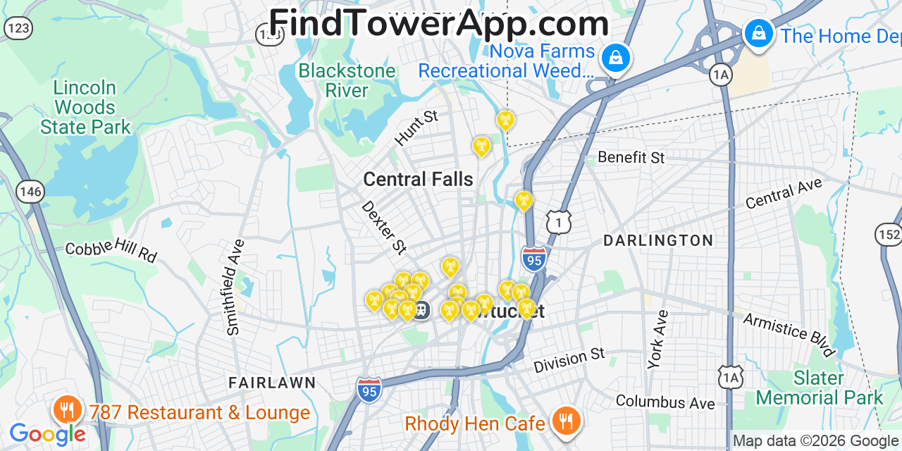Map showing the 20 primary cell tower locations detected in Central Falls, Rhode Island from AT&T, Verizon, and T-Mobile networks