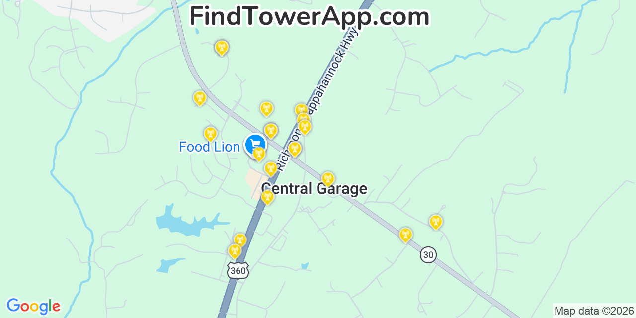 Map showing the 20 primary cell tower locations detected in Central Garage, Virginia from AT&T, Verizon, and T-Mobile networks
