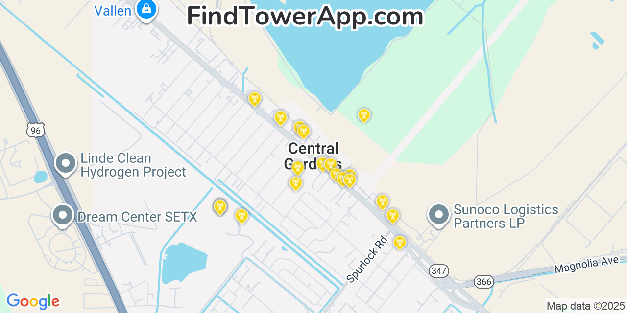 Map showing the 20 primary cell tower locations detected in Central Gardens, Texas from AT&T, Verizon, and T-Mobile networks