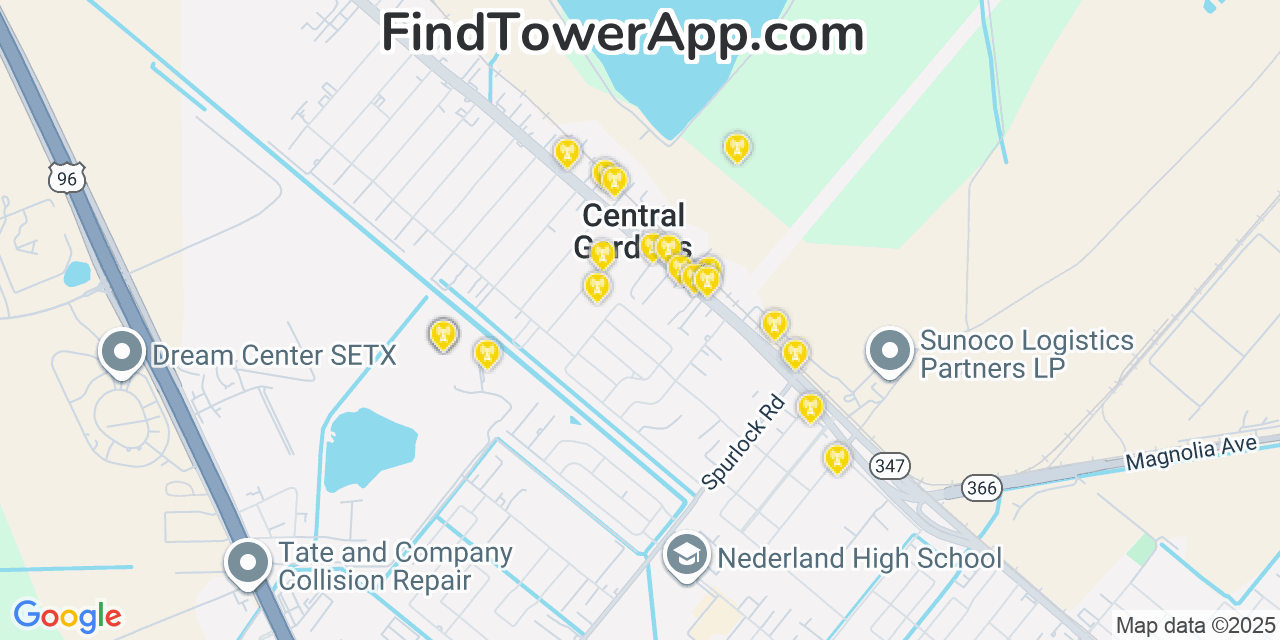Map showing the 20 primary cell tower locations detected in Central Gardens, Texas from AT&T, Verizon, and T-Mobile networks