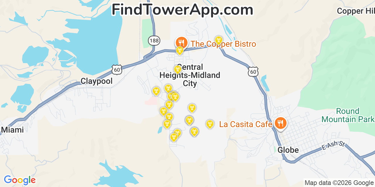 Map showing the 20 primary cell tower locations detected in Central Heights Midland City, Arizona from AT&T, Verizon, and T-Mobile networks