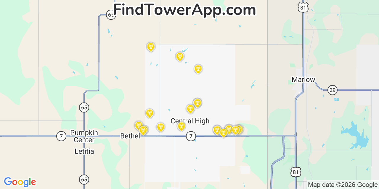 Map showing the 20 primary cell tower locations detected in Central High, Oklahoma from AT&T, Verizon, and T-Mobile networks