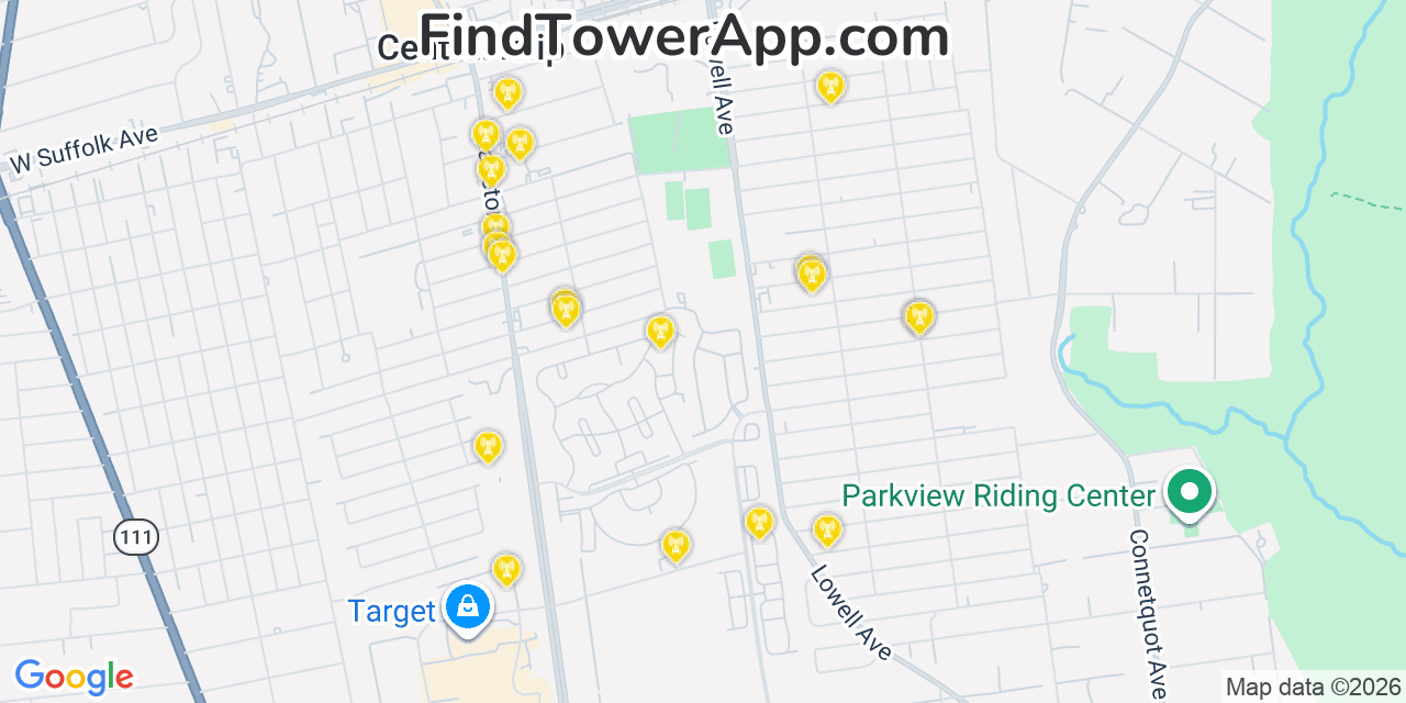 Map showing the 20 primary cell tower locations detected in Central Islip, New York from AT&T, Verizon, and T-Mobile networks