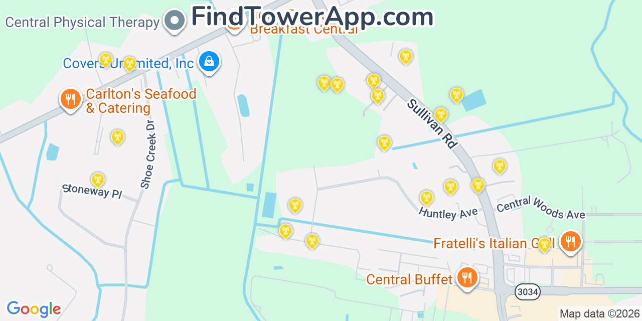 Map showing the 20 primary cell tower locations detected in Central, Louisiana from AT&T, Verizon, and T-Mobile networks