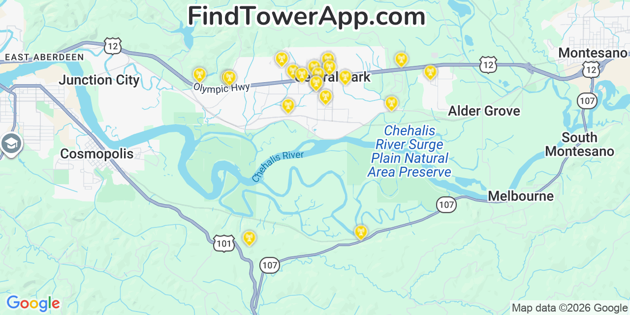 Map showing the 20 primary cell tower locations detected in Central Park, Washington from AT&T, Verizon, and T-Mobile networks
