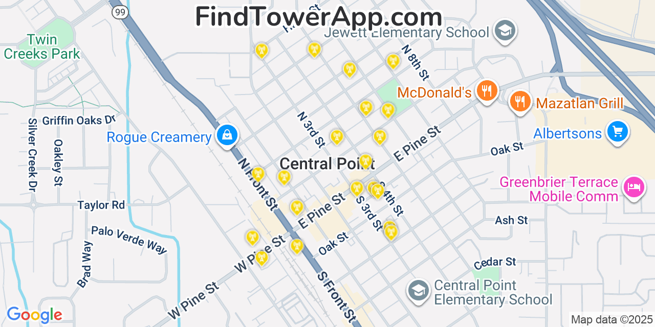 Map showing the 20 primary cell tower locations detected in Central Point, Oregon from AT&T, Verizon, and T-Mobile networks