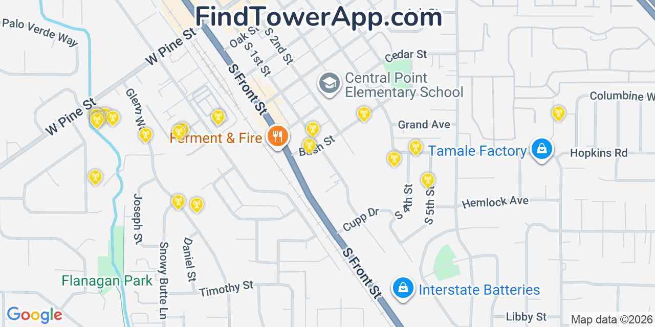 Map showing the 20 primary cell tower locations detected in Central Point, Oregon from AT&T, Verizon, and T-Mobile networks