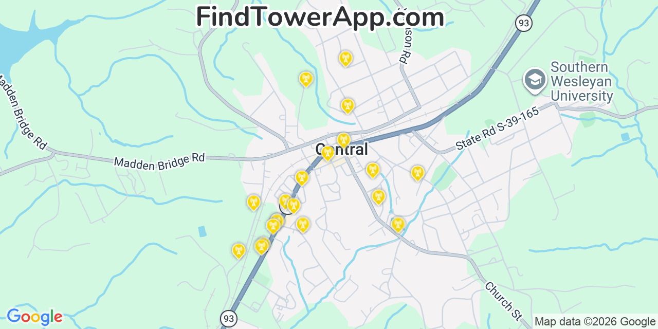 Map showing the 20 primary cell tower locations detected in Central, South Carolina from AT&T, Verizon, and T-Mobile networks