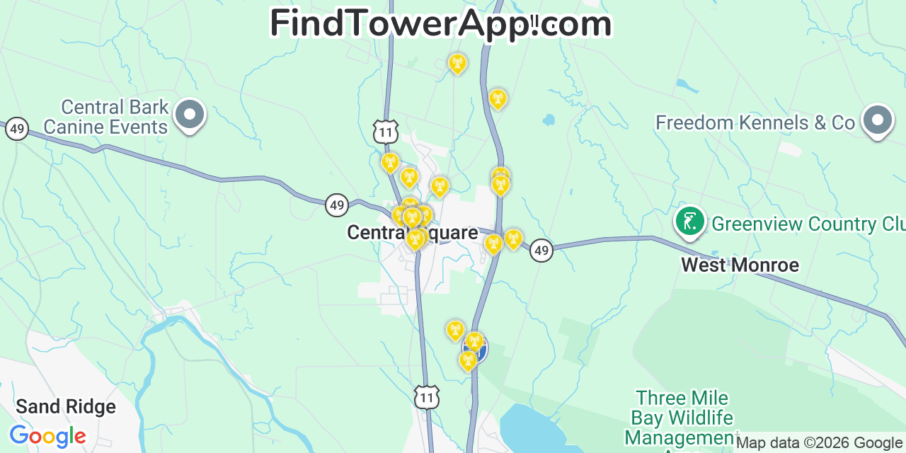Map showing the 20 primary cell tower locations detected in Central Square, New York from AT&T, Verizon, and T-Mobile networks