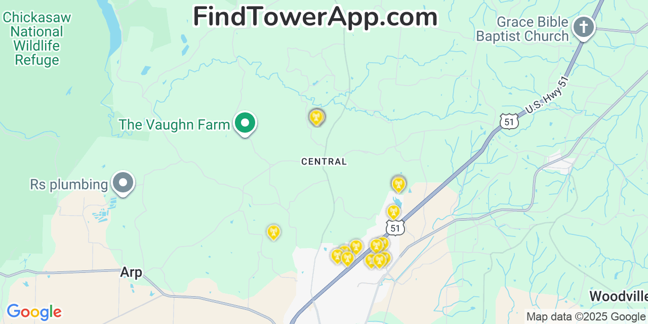 Map showing the 20 primary cell tower locations detected in Central, Tennessee from AT&T, Verizon, and T-Mobile networks