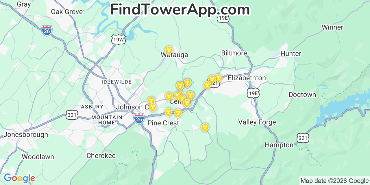 Map showing the 20 primary cell tower locations detected in Central, Tennessee from AT&T, Verizon, and T-Mobile networks