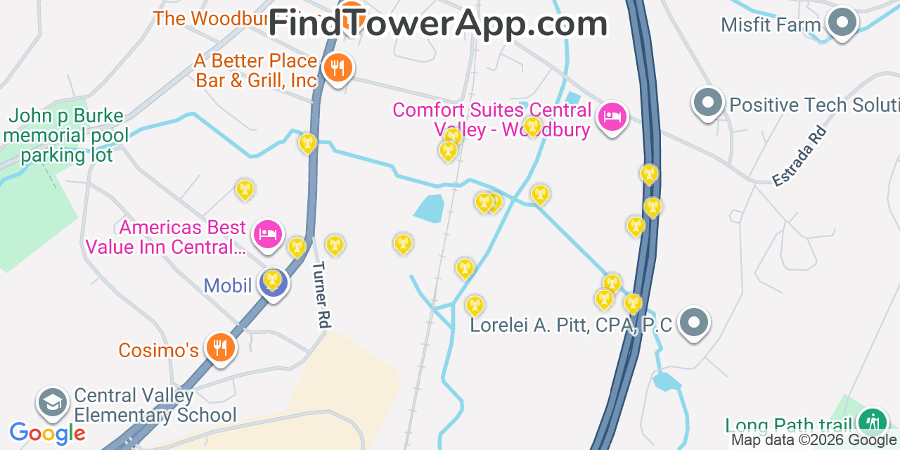 Map showing the 20 primary cell tower locations detected in Central Valley, New York from AT&T, Verizon, and T-Mobile networks