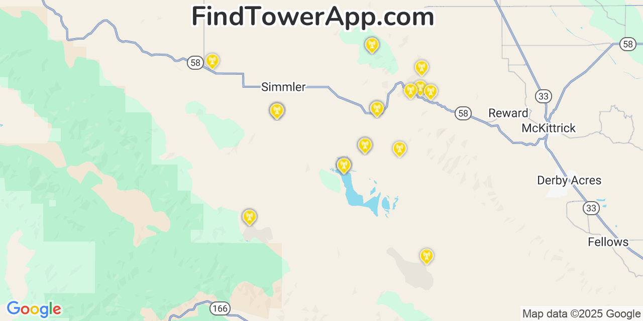 Map showing the 21 primary AT&T cell tower locations detected in Central Valley %28Historical%29, California with coverage radius and signal strength indicators