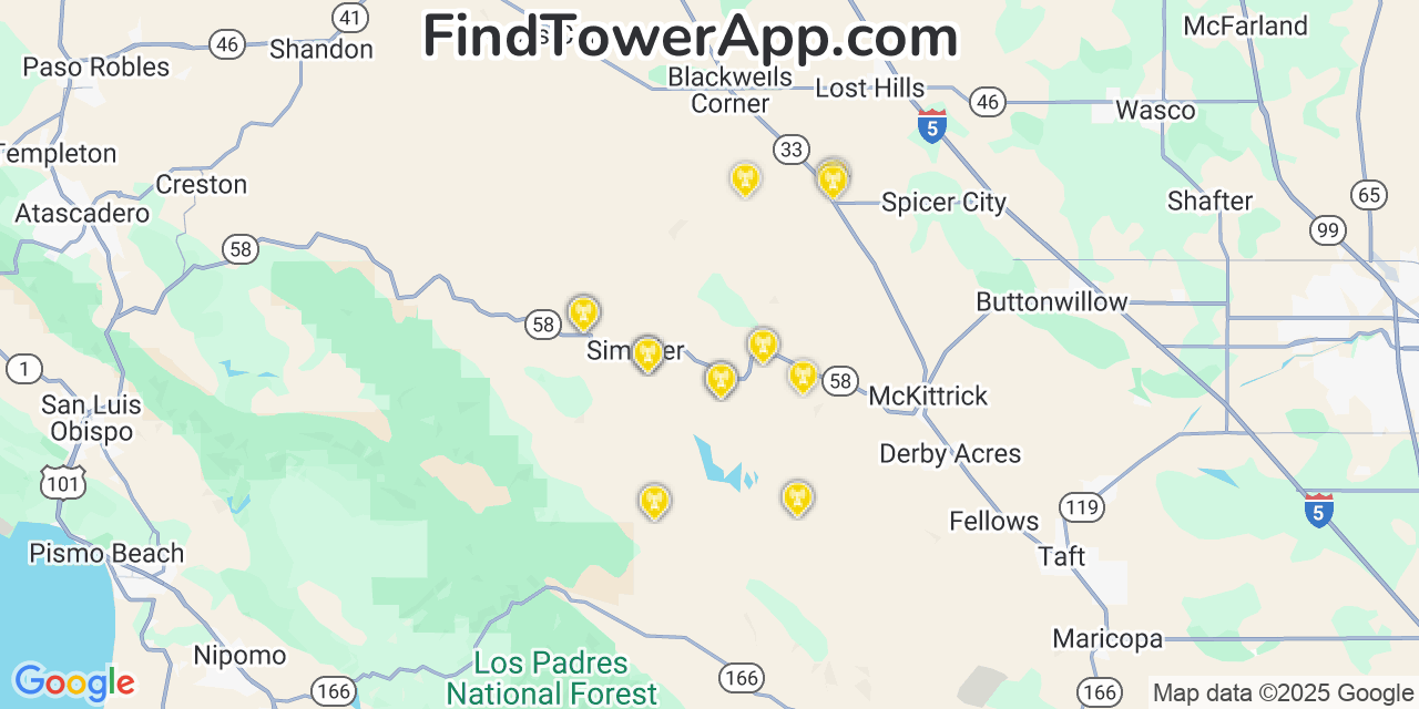 Map showing the 21 primary T-Mobile cell tower locations detected in Central Valley %28Historical%29, California with coverage radius and signal strength indicators