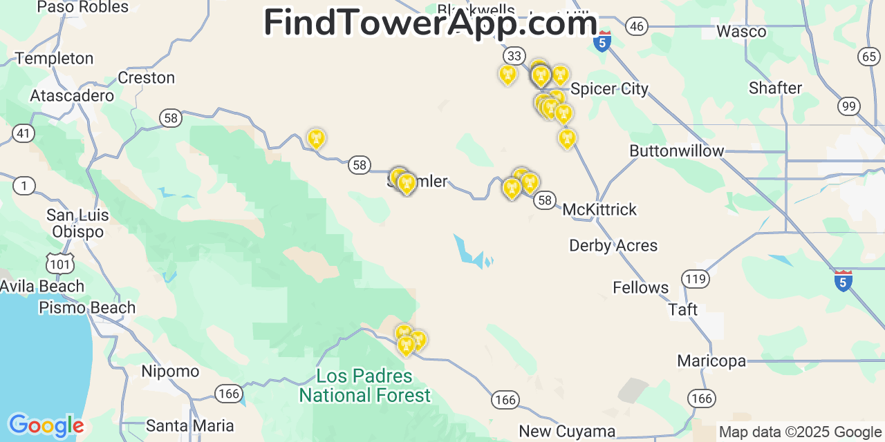 Map showing the 38 primary Verizon cell tower locations detected in Central Valley %28Historical%29, California with coverage radius and signal strength indicators