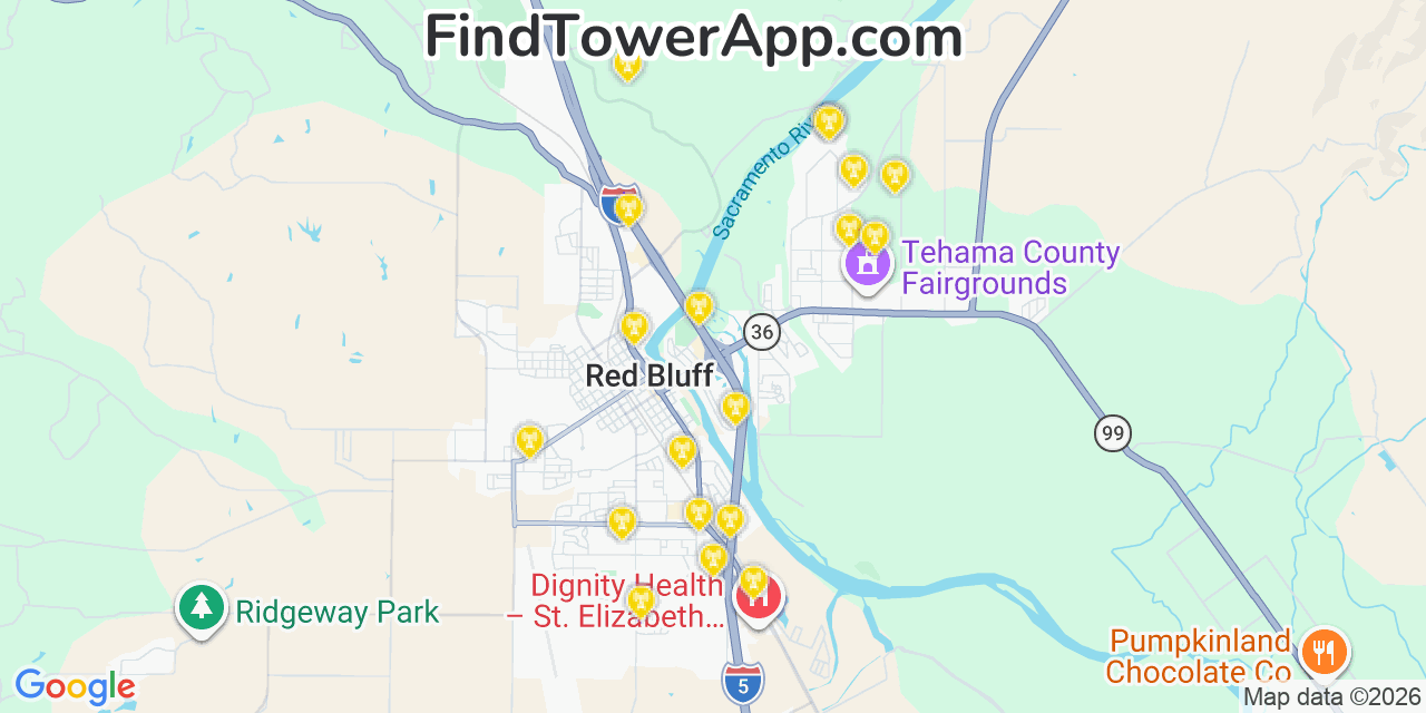 Map showing the 20 primary cell tower locations detected in Central Valley (historical), California from AT&T, Verizon, and T-Mobile networks