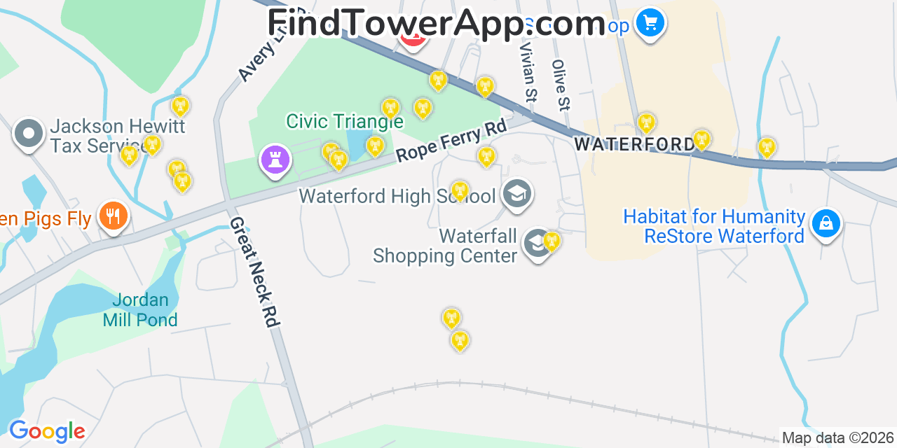 Map showing the 20 primary cell tower locations detected in Central Waterford, Connecticut from AT&T, Verizon, and T-Mobile networks