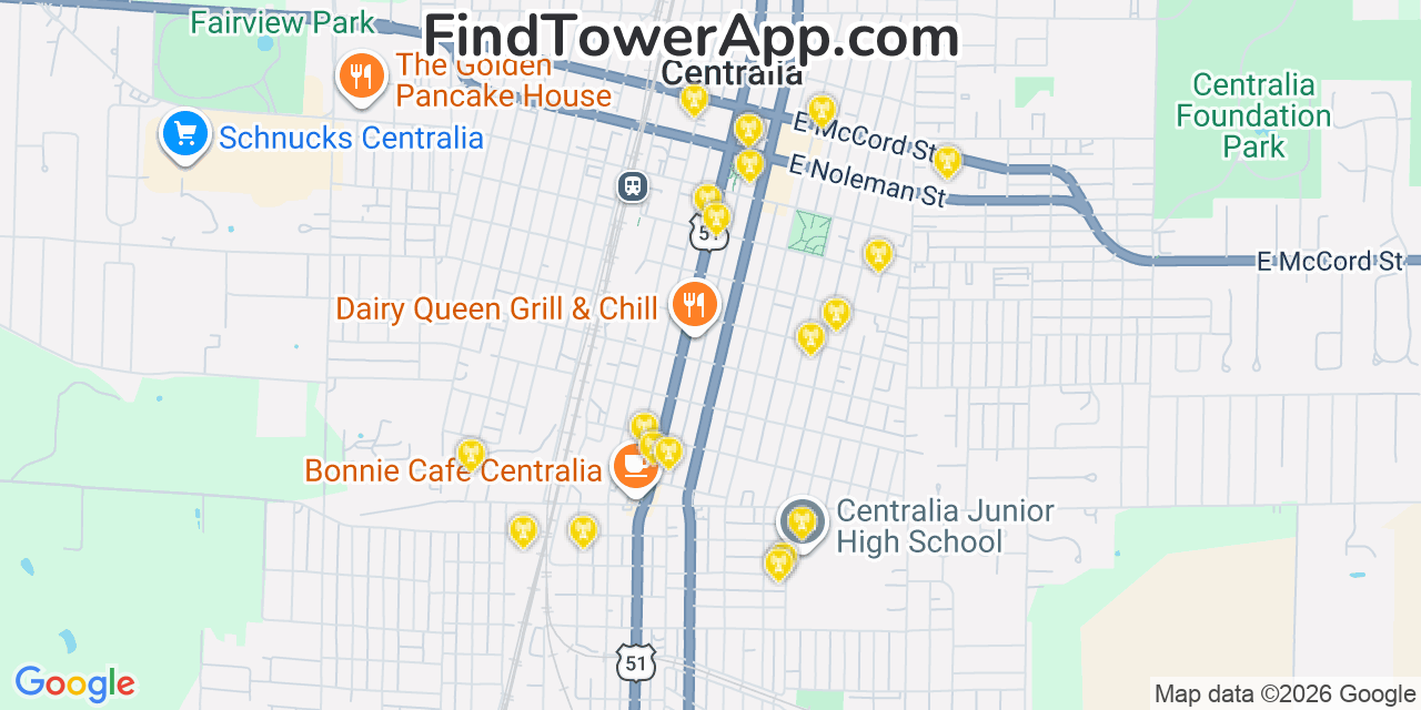 Map showing the 20 primary cell tower locations detected in Centralia, Illinois from AT&T, Verizon, and T-Mobile networks