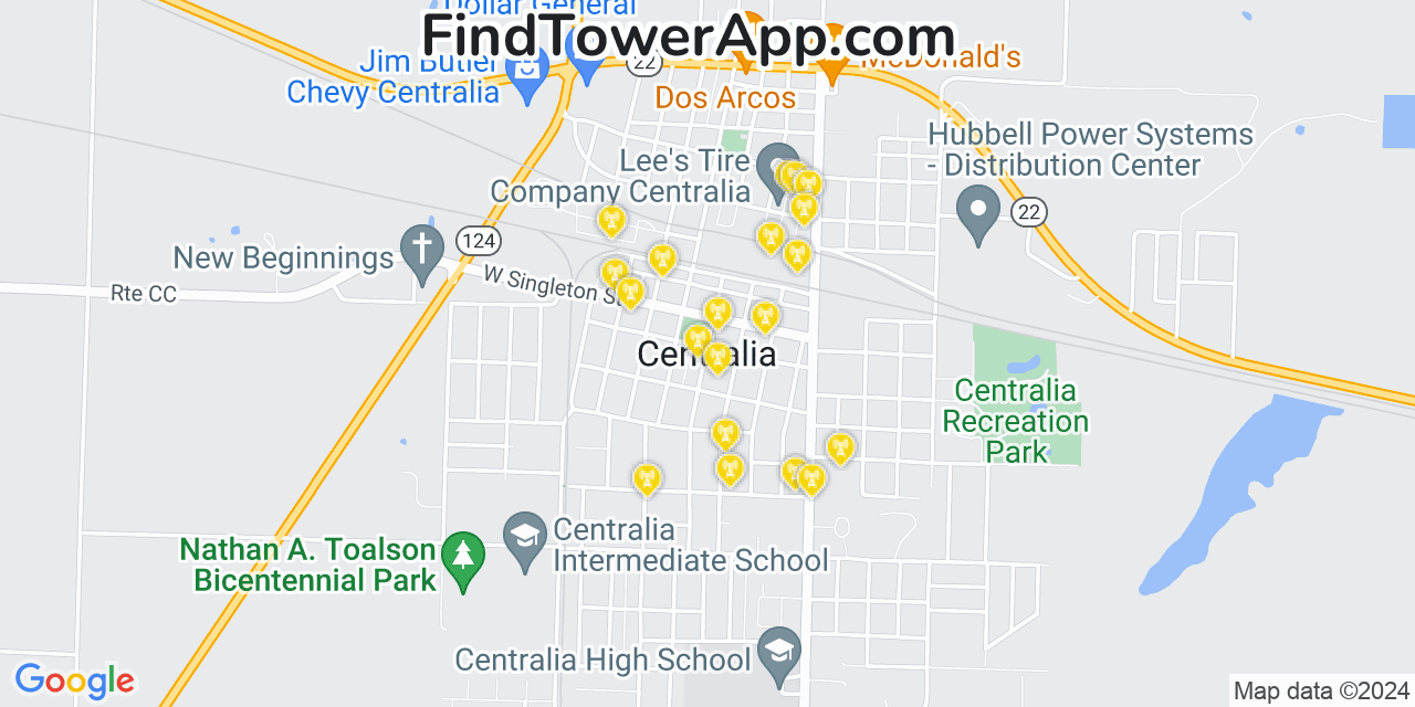 AT&T 4G/5G cell tower coverage map Centralia, Missouri