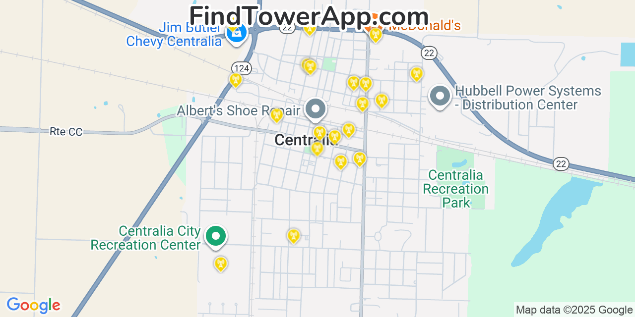 Map showing the 20 primary cell tower locations detected in Centralia, Missouri from AT&T, Verizon, and T-Mobile networks