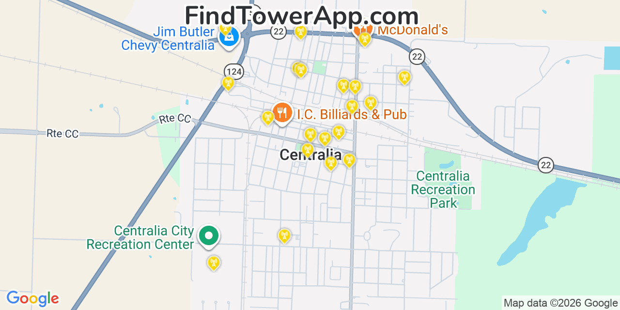 Map showing the 20 primary cell tower locations detected in Centralia, Missouri from AT&T, Verizon, and T-Mobile networks