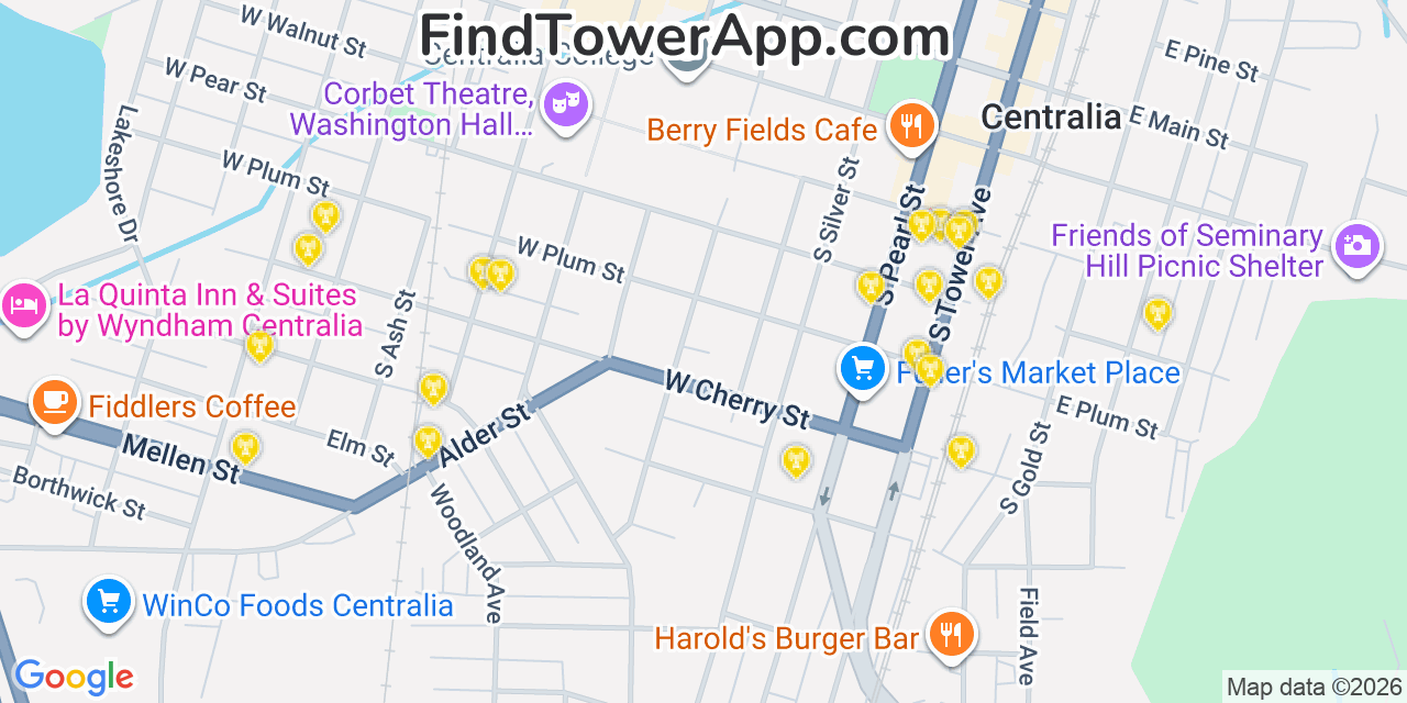 Map showing the 20 primary cell tower locations detected in Centralia, Washington from AT&T, Verizon, and T-Mobile networks