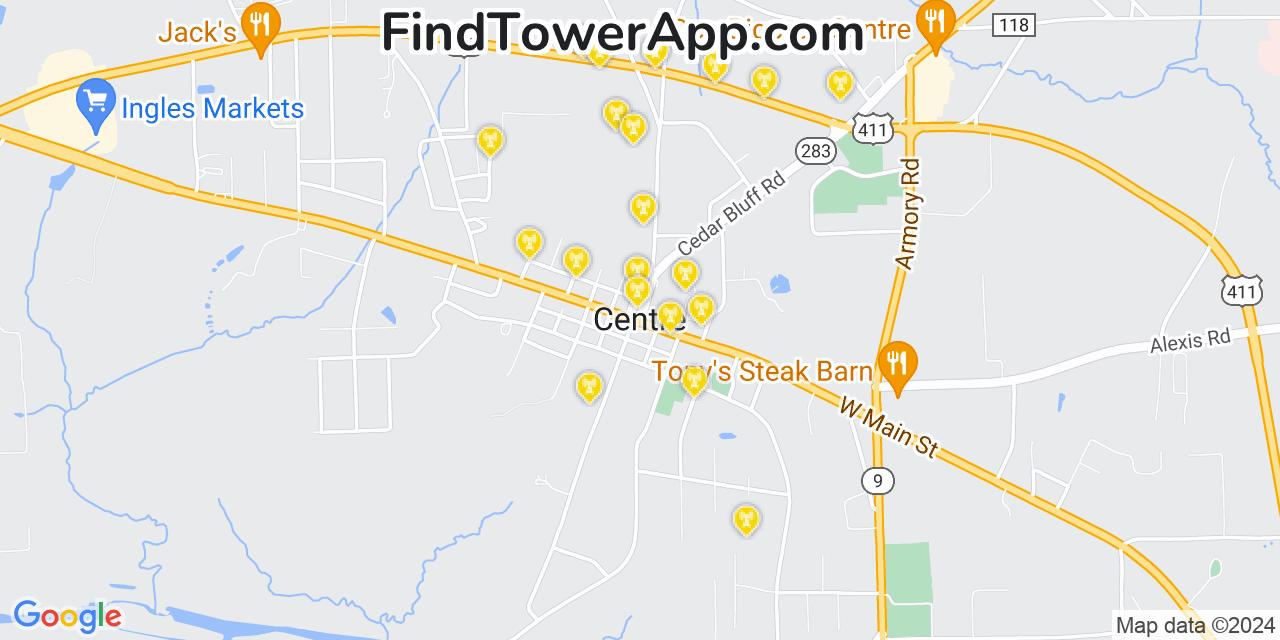 AT&T 4G/5G cell tower coverage map Centre, Alabama