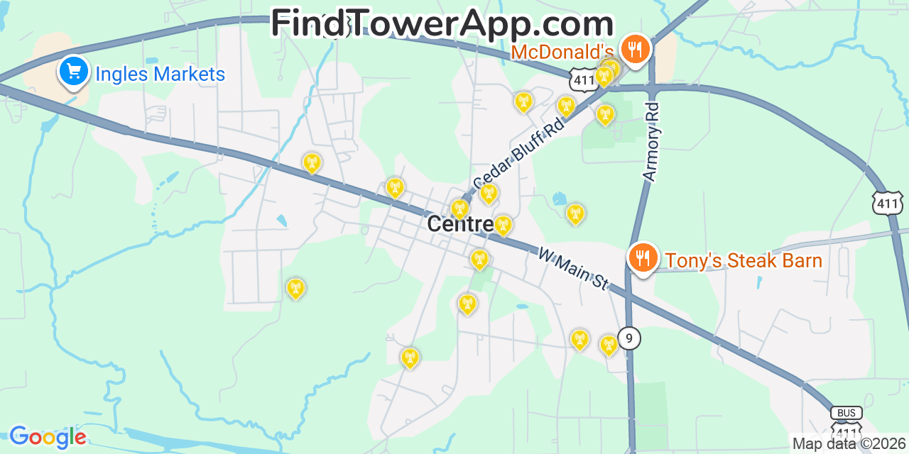 Map showing the 20 primary cell tower locations detected in Centre, Alabama from AT&T, Verizon, and T-Mobile networks
