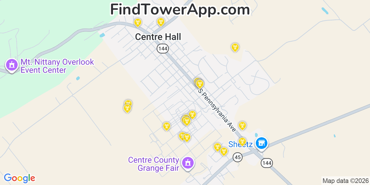 Map showing the 20 primary cell tower locations detected in Centre Hall, Pennsylvania from AT&T, Verizon, and T-Mobile networks