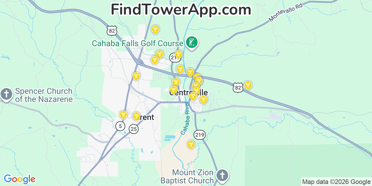 Map showing the 20 primary cell tower locations detected in Centreville, Alabama from AT&T, Verizon, and T-Mobile networks