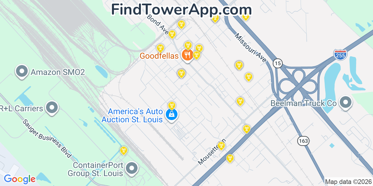 Map showing the 20 primary cell tower locations detected in Centreville, Illinois from AT&T, Verizon, and T-Mobile networks